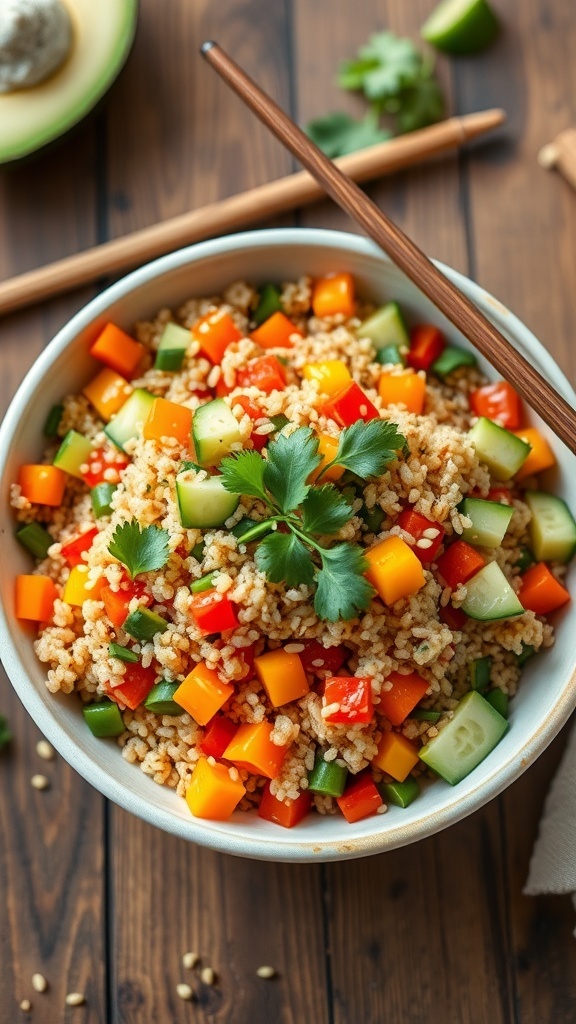 Asian Quinoa Salad Recipe A vibrant bowl of Asian quinoa salad with bell peppers, cucumbers, carrots, and sesame dressing, garnished with cilantro and sesame seeds.